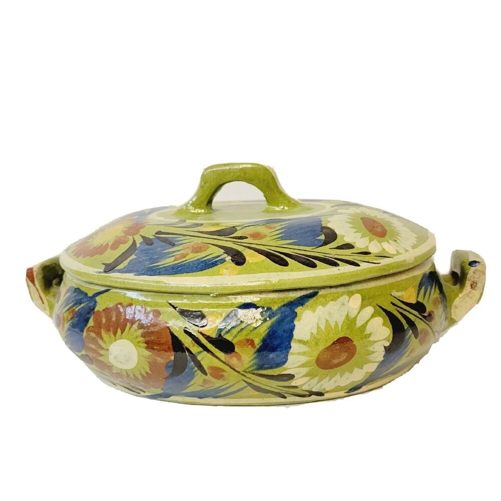 Vintage Mexican Talavera Pottery Casserole Dish w Lid Hand Painted Floral Green